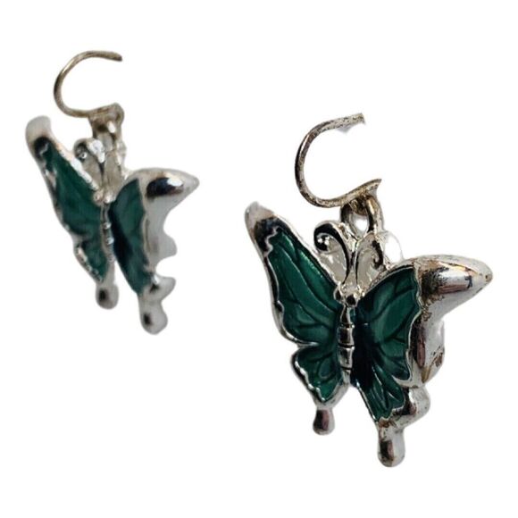 Green Butterfly Dangle Earrings 7/8" Silver Tone Fairycore Whimsical - Picture 3 of 9